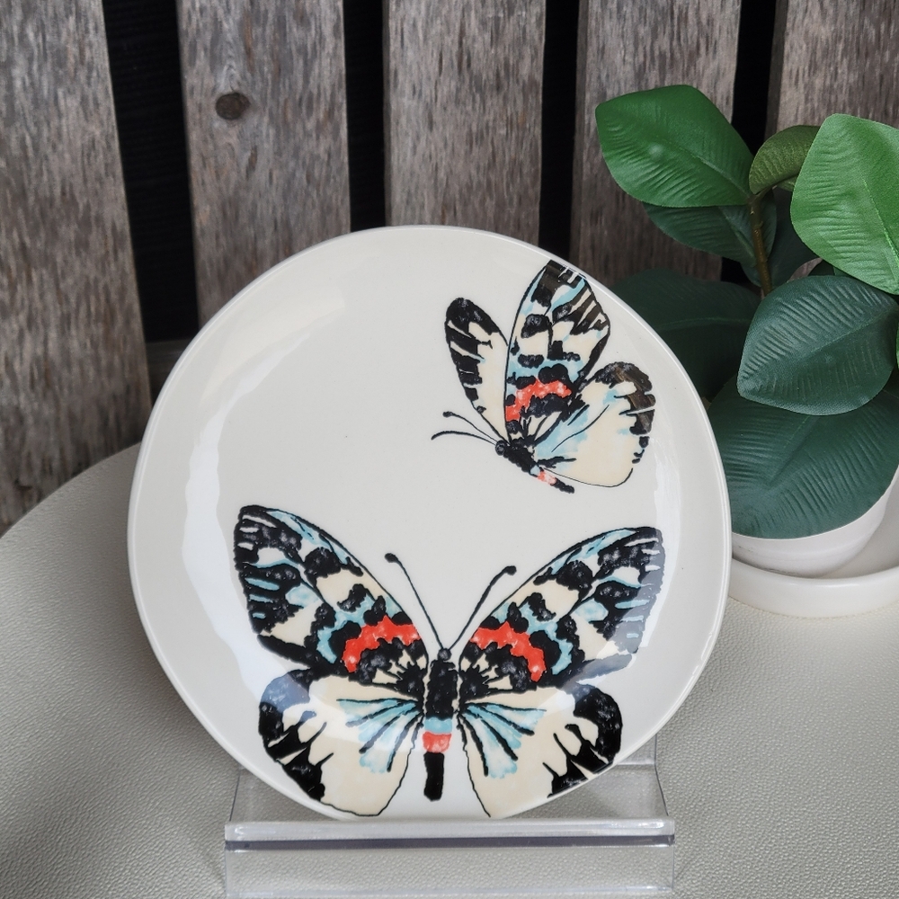 Butterfly Design Ceramic Plate: Black, Red, Blue -TAG